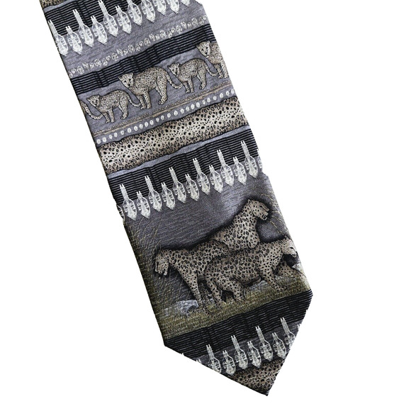 Vintage Tesoro Rosso Silk Tie Gray Leopard Cheetah Safari Aztec Tribal Jungle - Picture 1 of 9